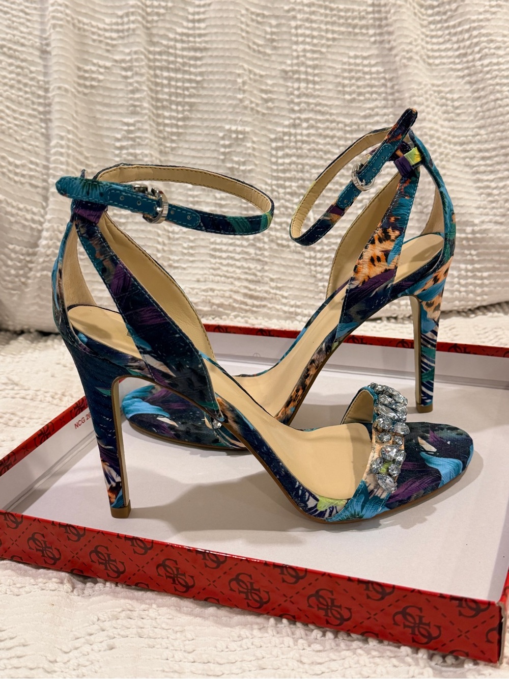 Crystal-Embellished Teal Floral Ankle-Strap Stiletto Heels